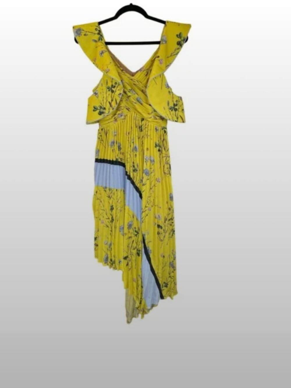 Self Portrait, Yellow Floral Asymmetrical Midi Cocktail Dress, size 2